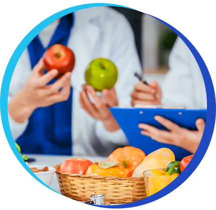 Circulo con Nutriologo y frutas Circulo con Nutriologo y frutas